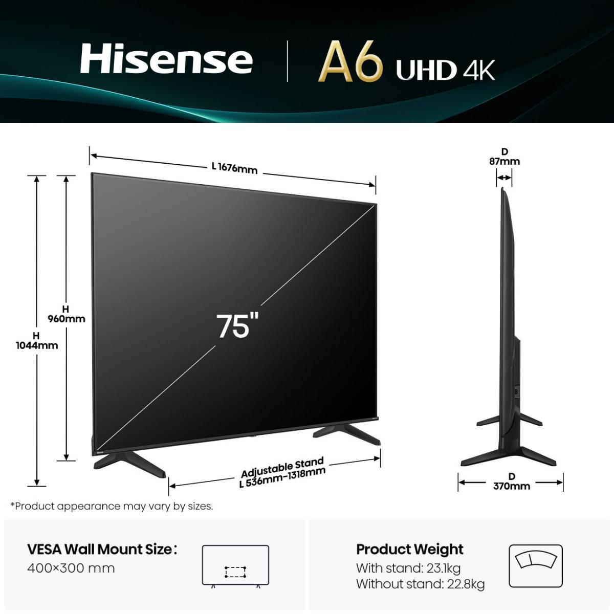 TV Hisense 75" A6 UHD 4K con dettagli dimensioni e peso.
