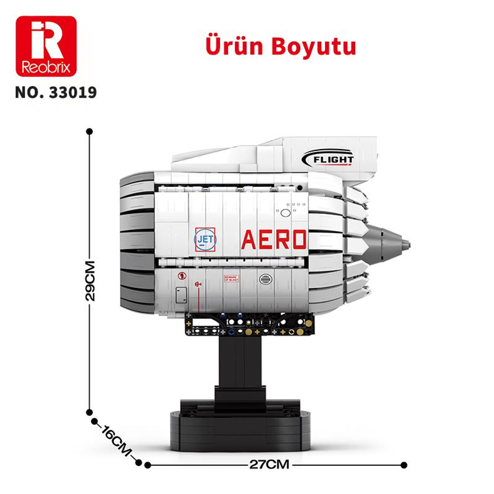 Boyutları gösterilen beyaz Reobrix jet motoru modeli. No. 33019.