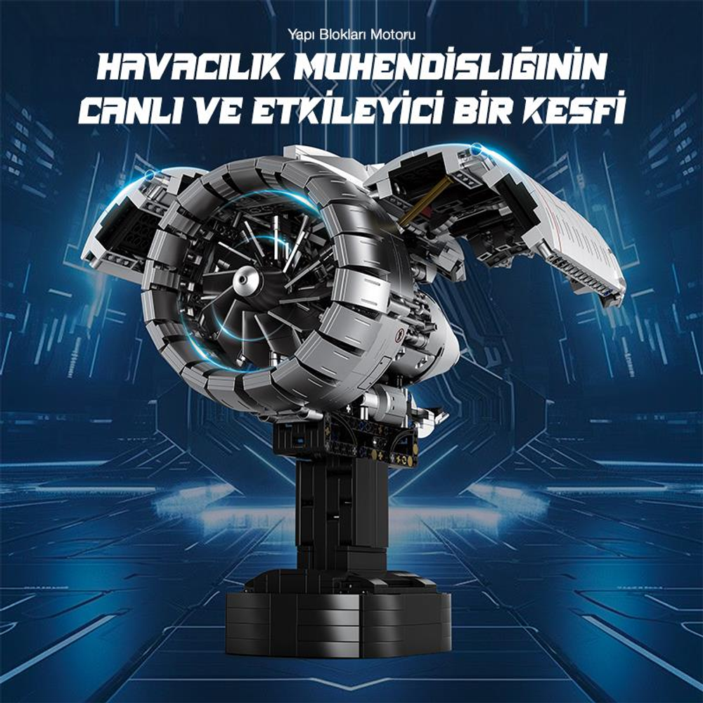 Mavi arka plan önünde stant üzerinde detaylı bir uçak motoru modeli.