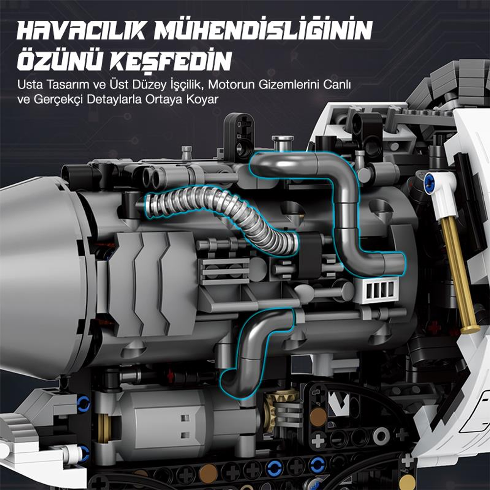Borular ve dişlilerle model uçak motorunun ayrıntılı görünümü.