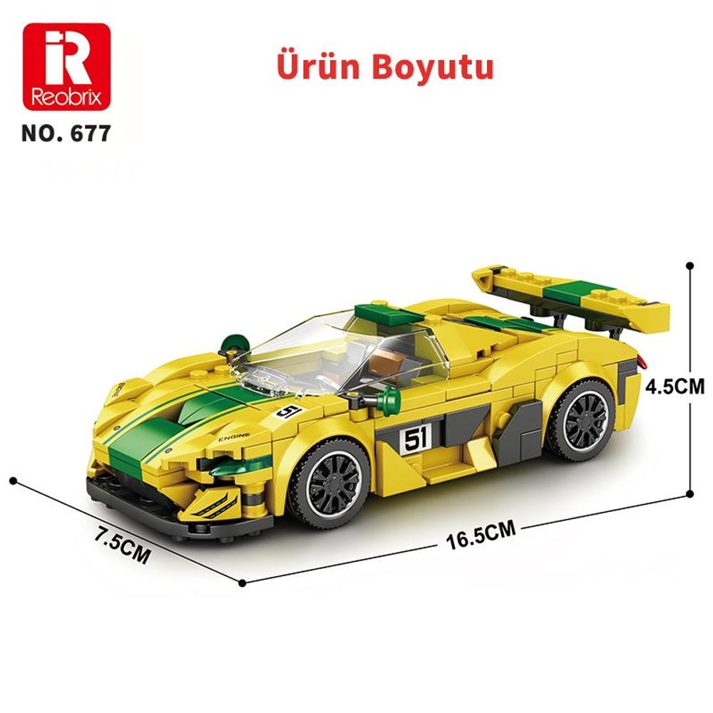 Yeşil şeritli ve 51 numaralı sarı oyuncak yarış arabası yapım kiti.