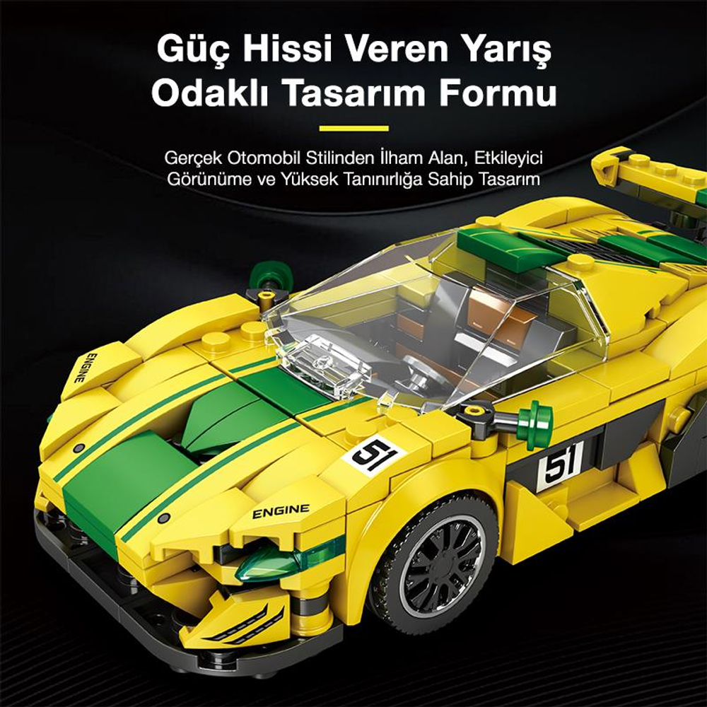 51 numaralı sarı ve yeşil Lego yarış arabası.