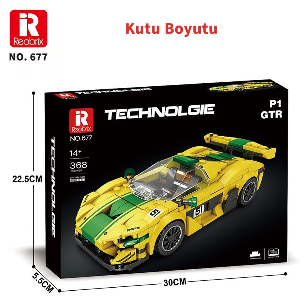 Sarı ve yeşil Reobrix P1 GTR yarış arabası yapım kiti, model no. 677.