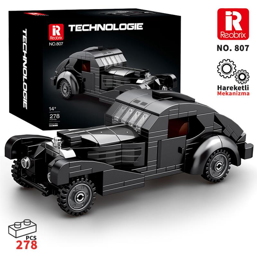 Kutusunda "TECHNOLOGIE" yazısı bulunan siyah Lego araba maketi.