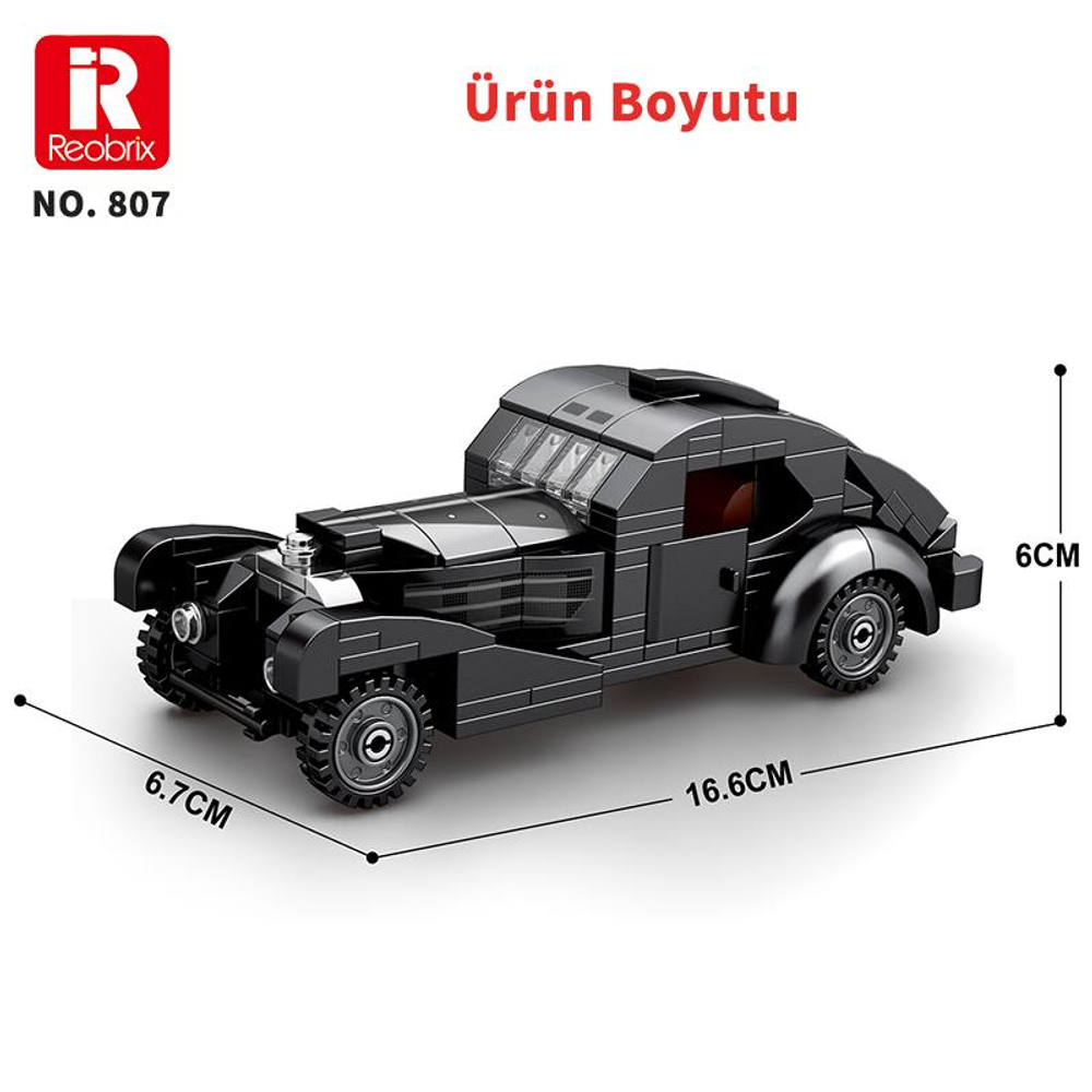 Siyah oyuncak klasik araba, 16,6x6,7x6cm, Reobrix logolu.