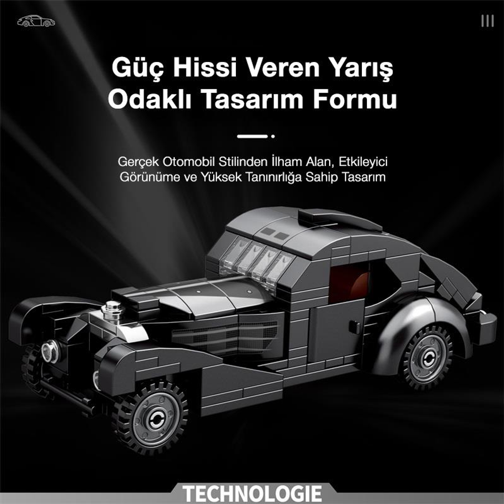 Keskin hatlara sahip, retro tasarımlı siyah bir Lego araba.