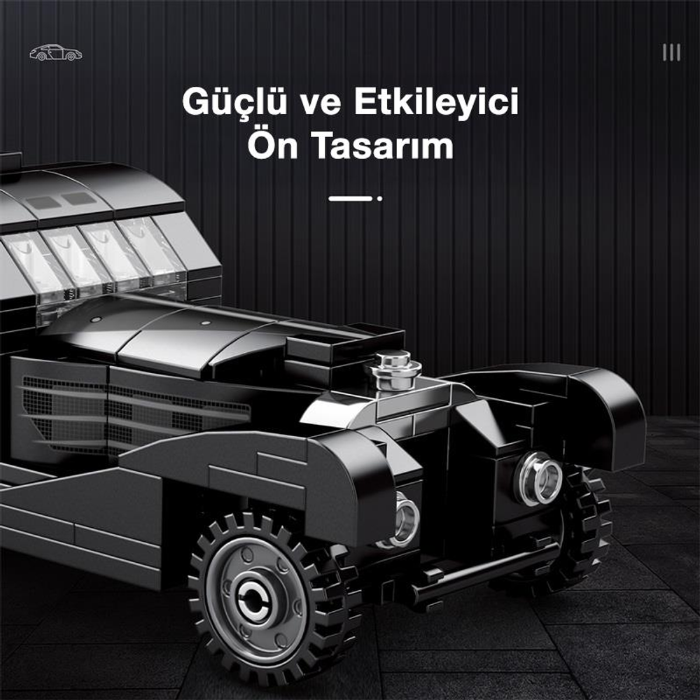 Detaylı önü ve lastikleri olan siyah model araba, koyu arka plan üzerinde.