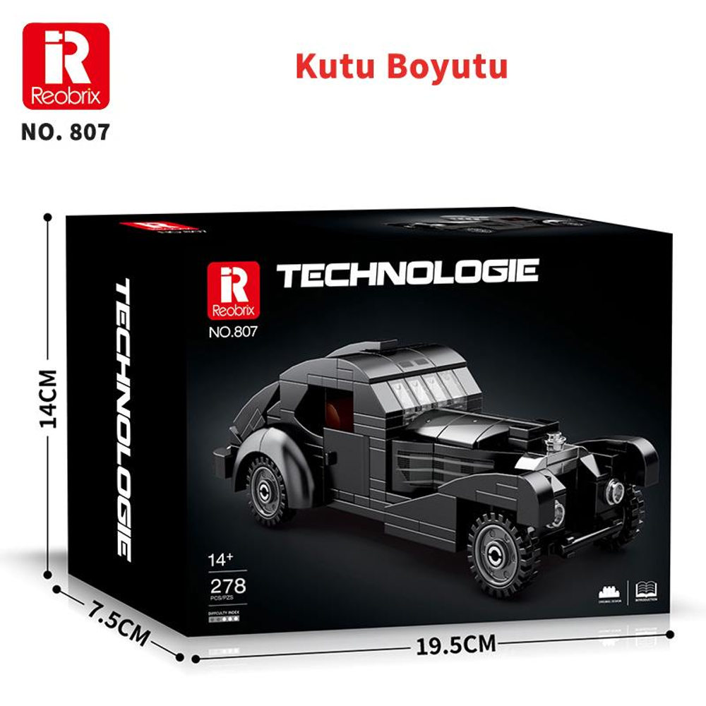 Siyah Lego araba kutusu, model no. 807, boyutları gösteriyor.