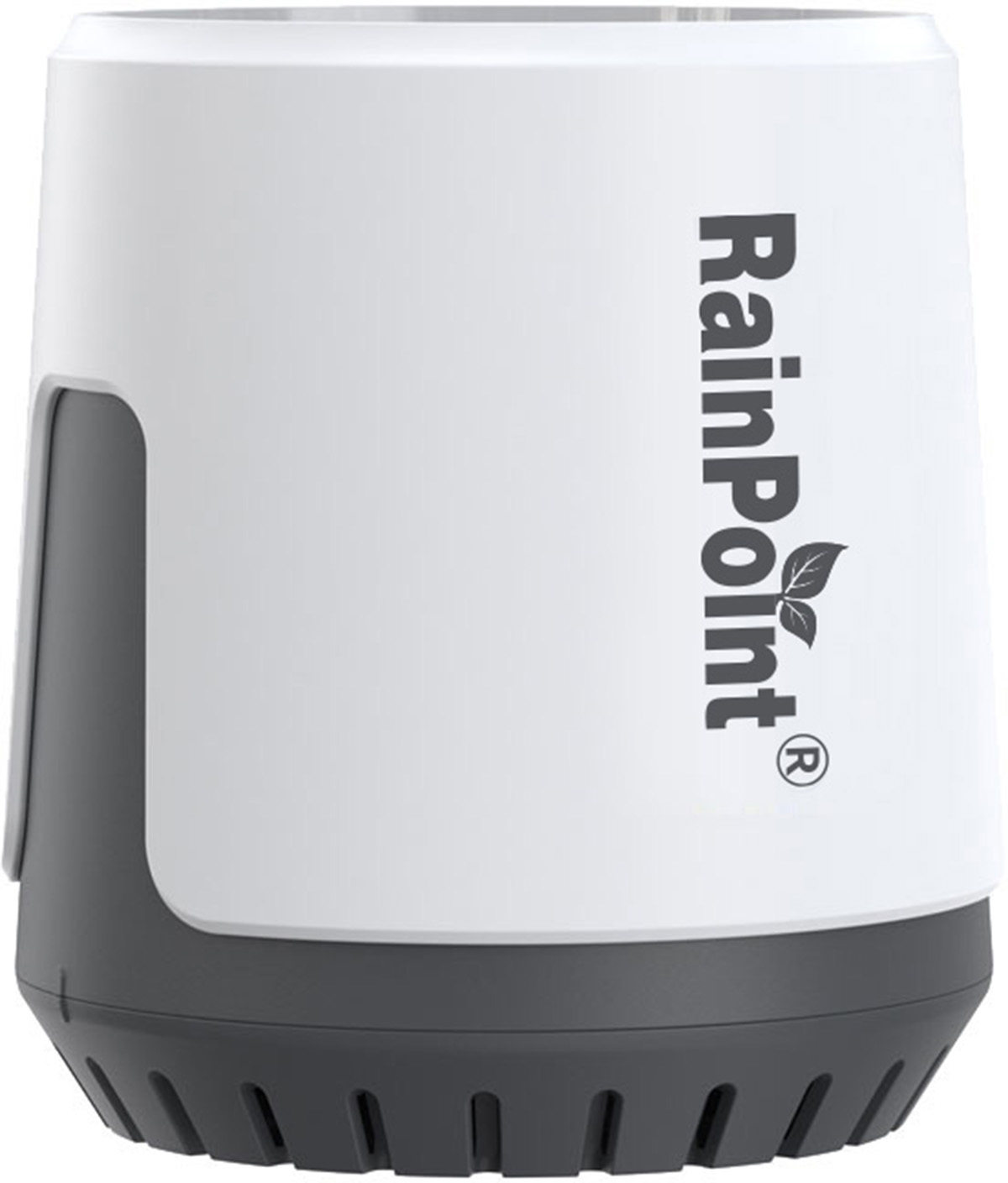 Biały i szary cylinder z napisem RainPoint i logo liścia.
