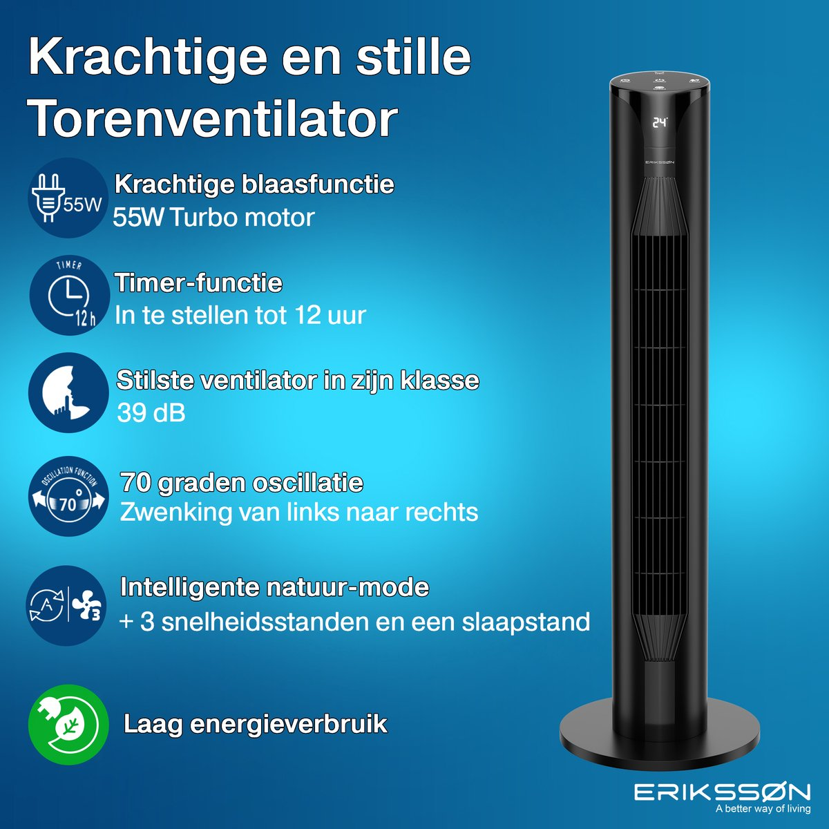 Schwarzer Turmventilator mit 55W Turbo-Motor, Timer, 70° Oszillation und Naturmodus.