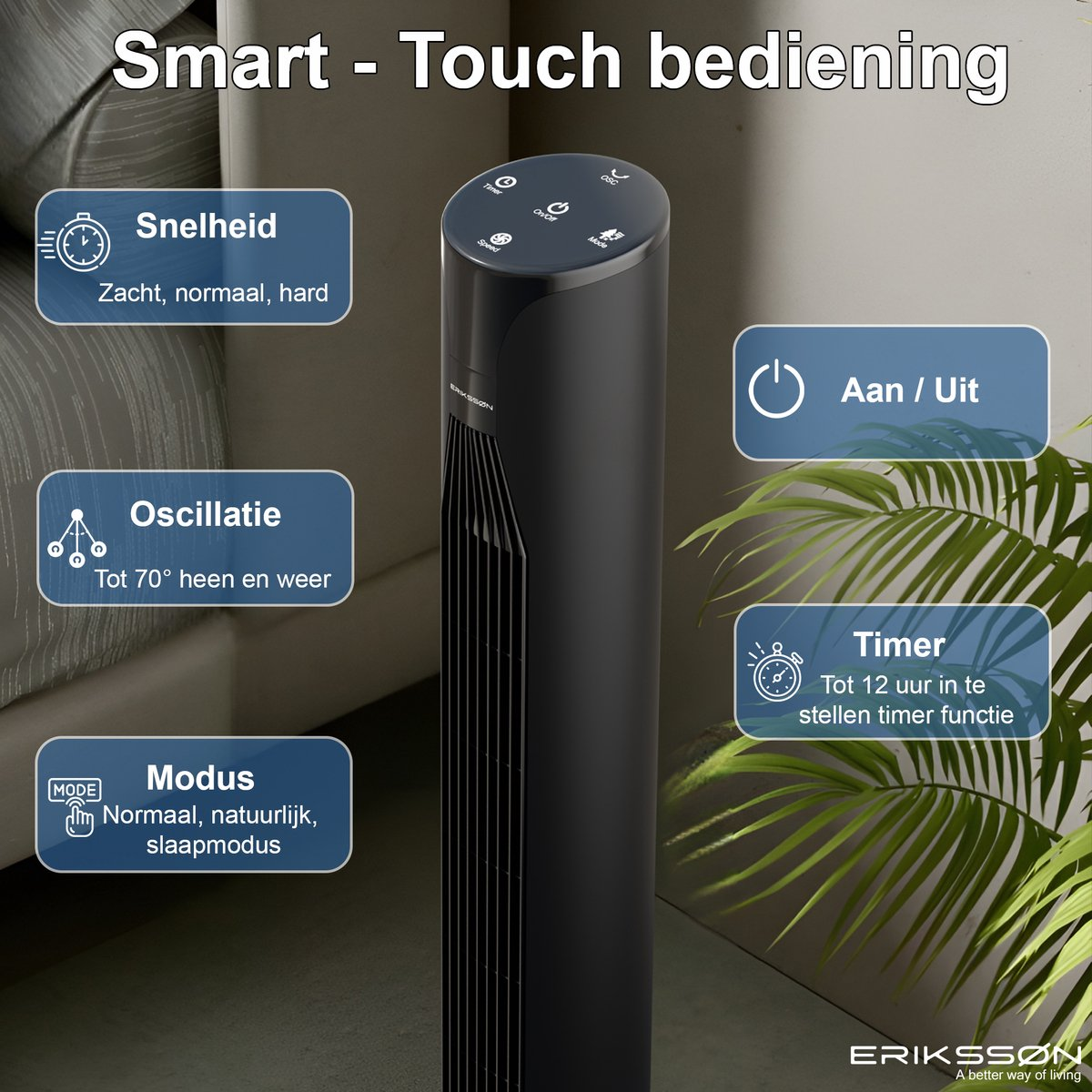 Schwarzer Turmventilator mit Touch-Bedienung und Funktionen wie Geschwindigkeit, Oszillation, Modus, Ein/Aus und Timer.