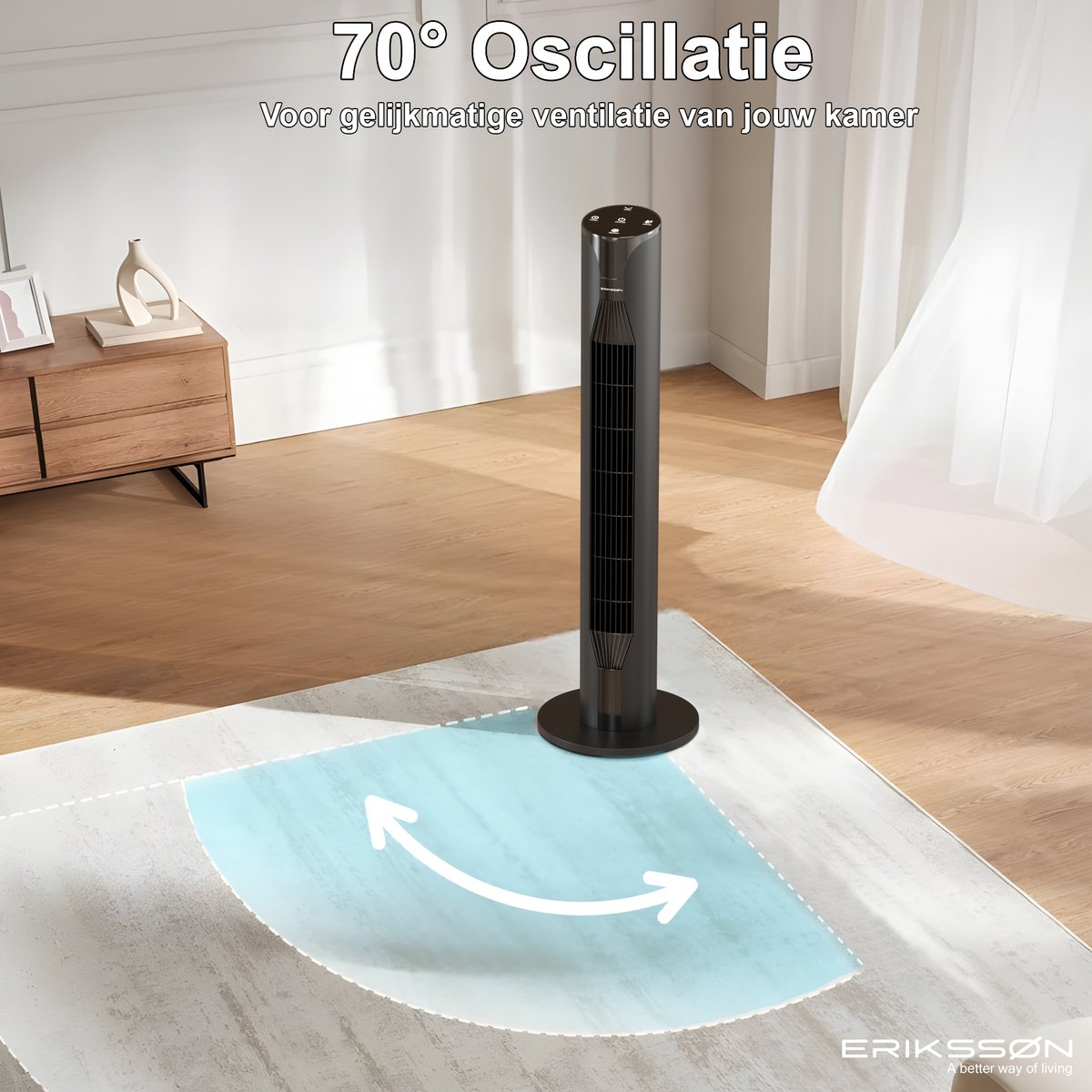 Ein schwarzer Turmventilator auf einem Teppich mit einem blauen Oscillationsbereich.