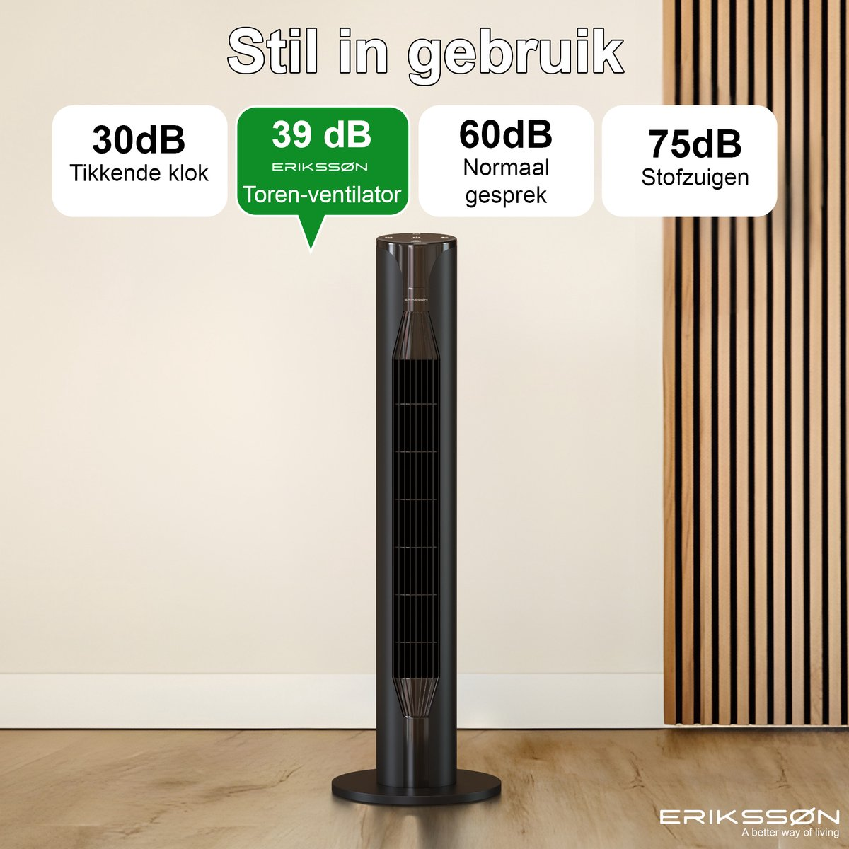 Ein schlanker schwarzer Turmventilator steht auf einem Holzboden vor einer Wand.