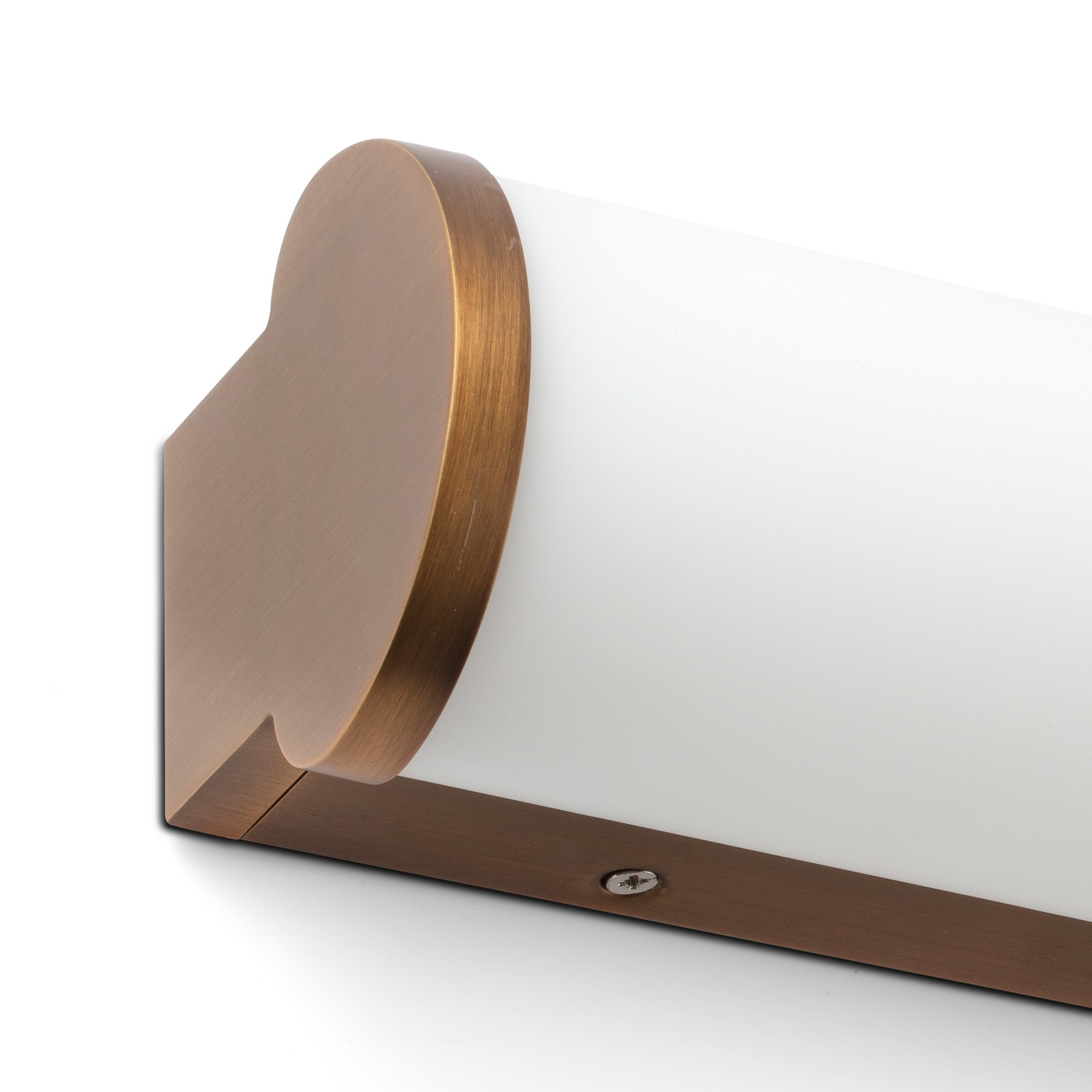 Una lampada da parete in bronzo con diffusore bianco e vite visibile.