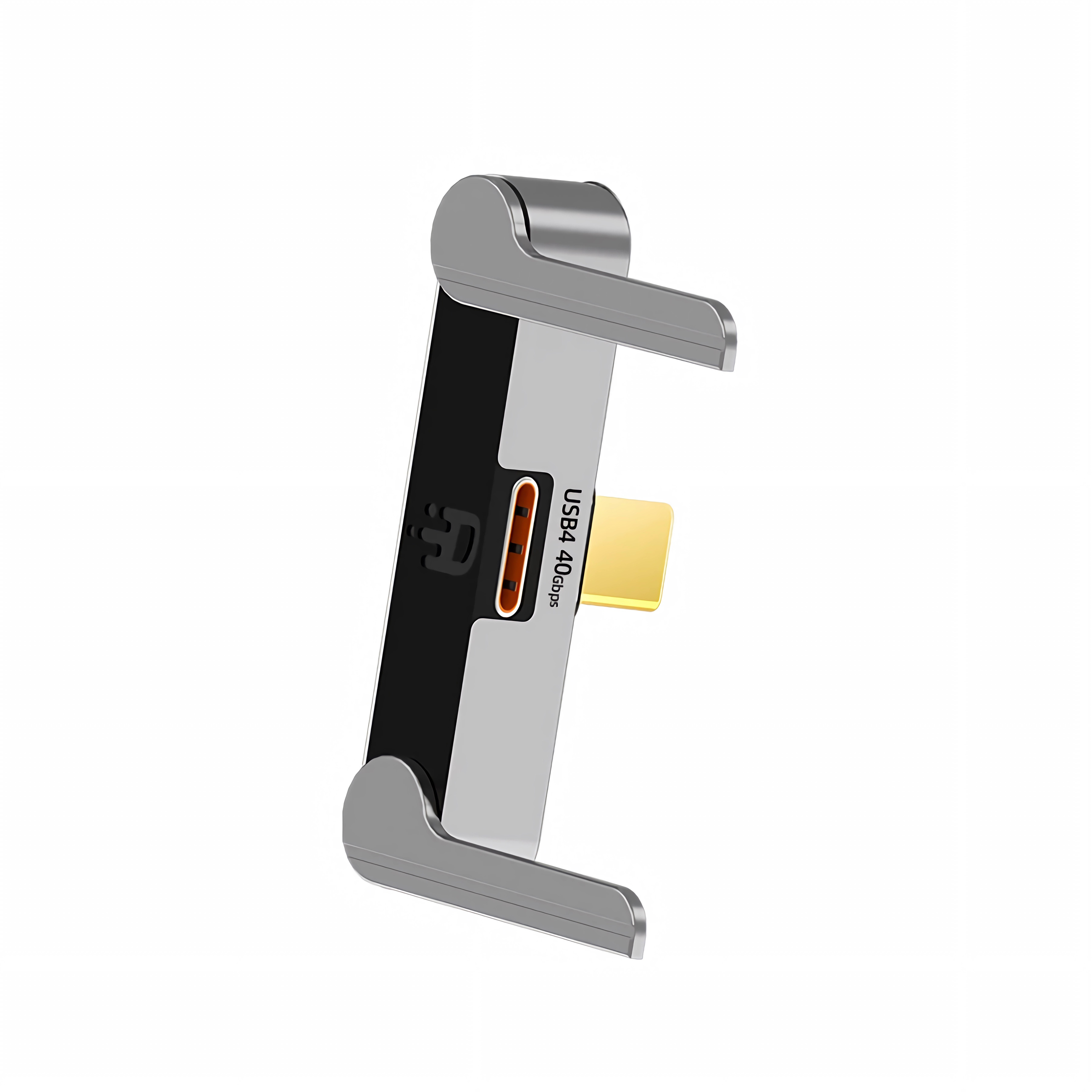 Ein silberner USB-C-Adapter mit schwarzem Akzent und orangefarbener Buchse.