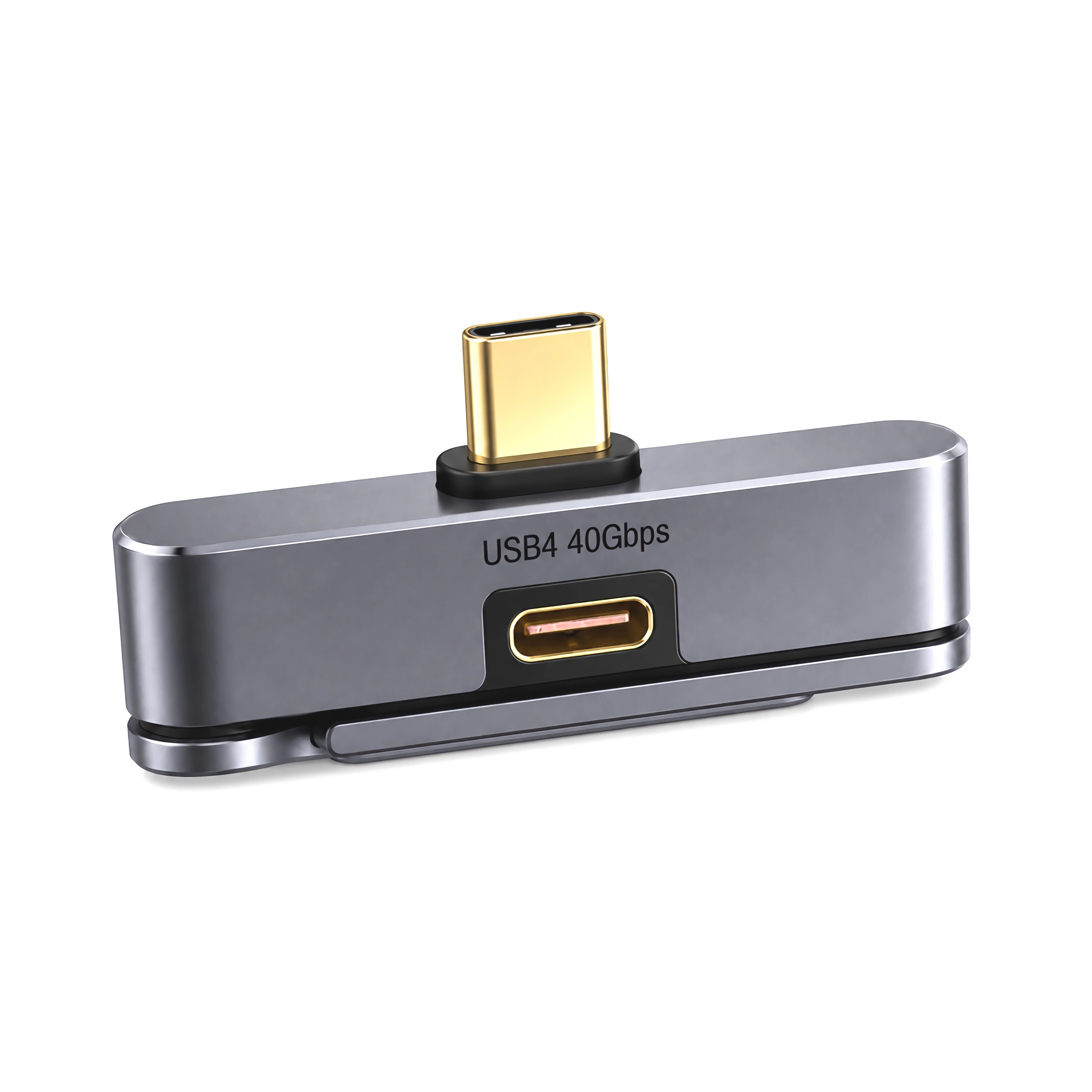 Grauer USB4 40Gbps Adapter mit goldenem USB-C Stecker und Anschluss.