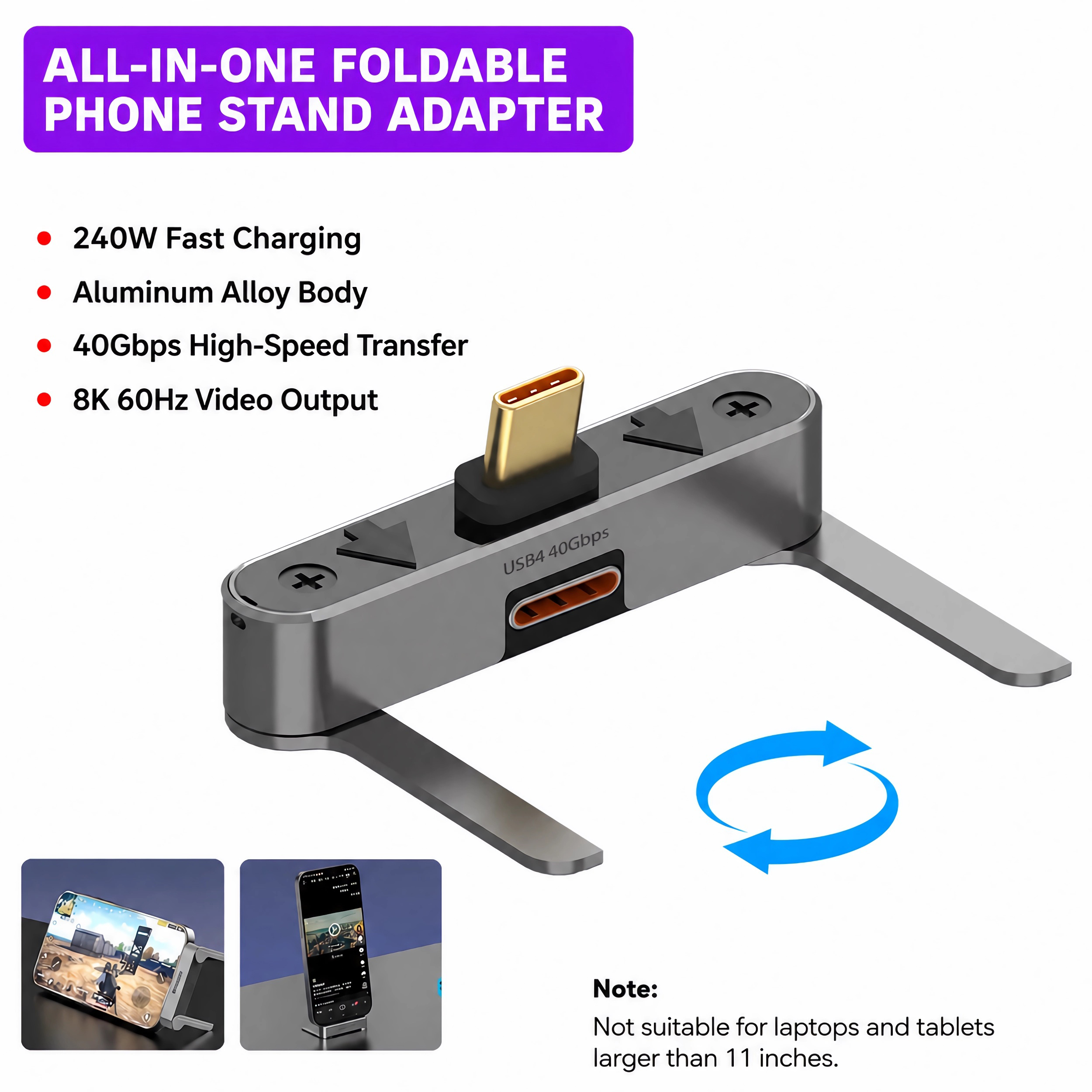 Ein faltbarer All-in-One-Telefonständeradapter mit USB-C-Anschluss.