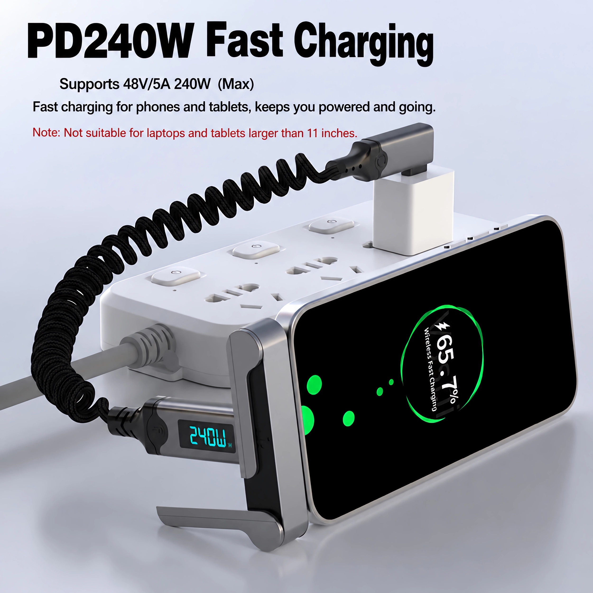 PD240W Ladegerät mit angeschlossenem Handy und Netzteil.