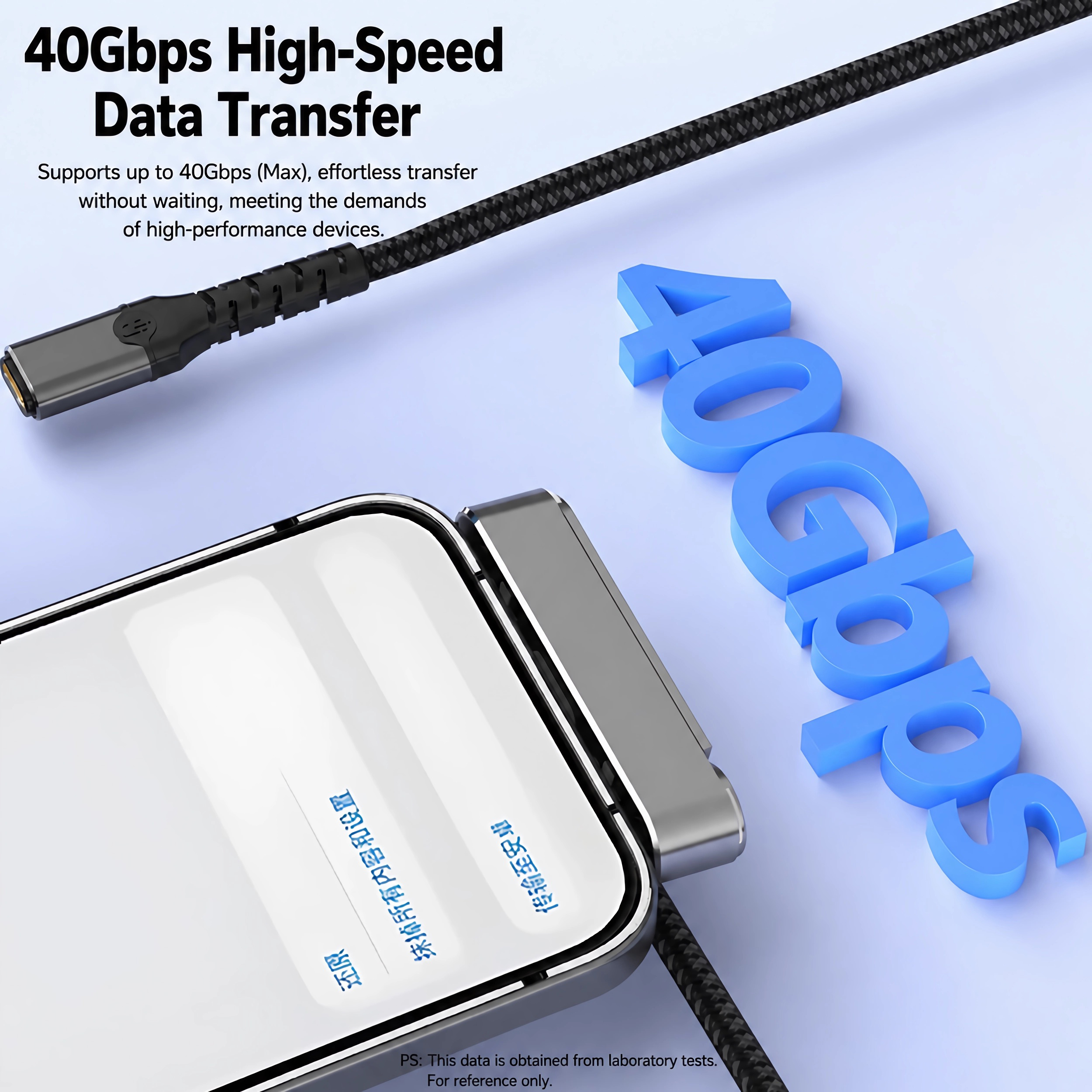 Ein Ladekabel mit einem grauen Stecker und schwarzen Gewebe ist mit einem Smartphone verbunden. Blaue 40Gbps-Buchstaben.