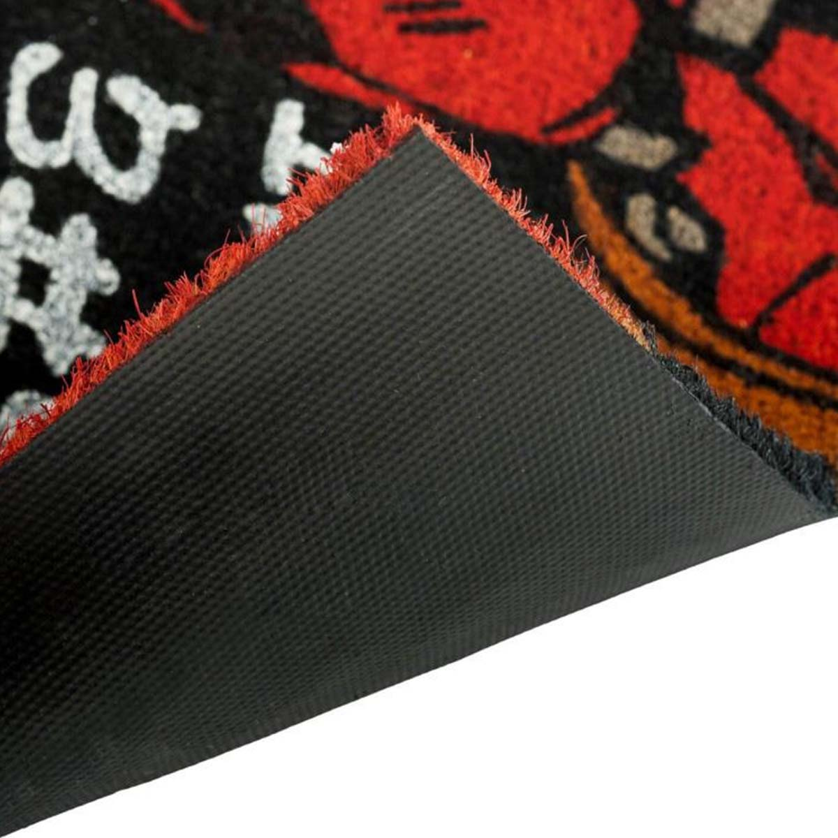Retro di uno zerbino con motivo rosso e nero e frange.