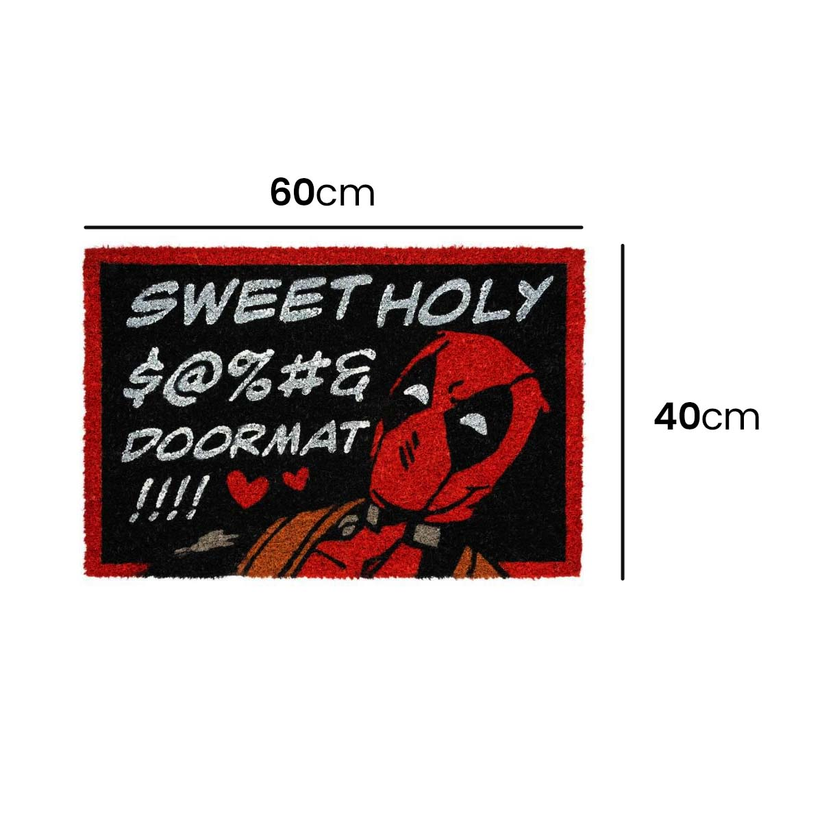 Zerino con grafica di Deadpool e testo: 'SWEET HOLY $ @ % # & DOORMAT !!!!'