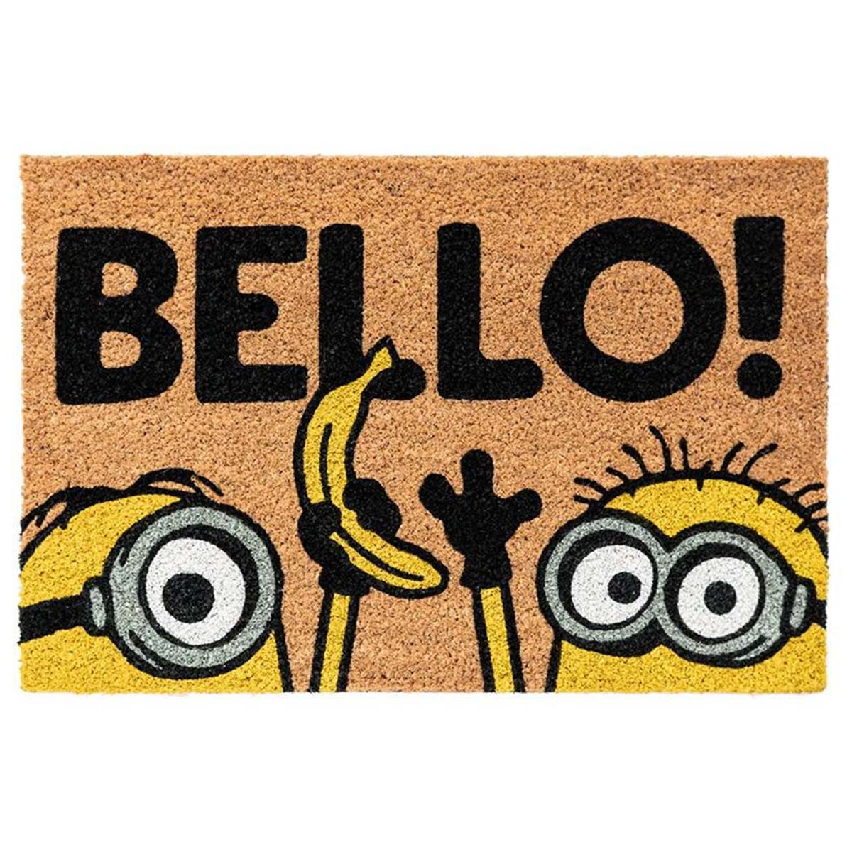 Tappetino con Minions e testo "BELLO!", banana, sfondo marrone.