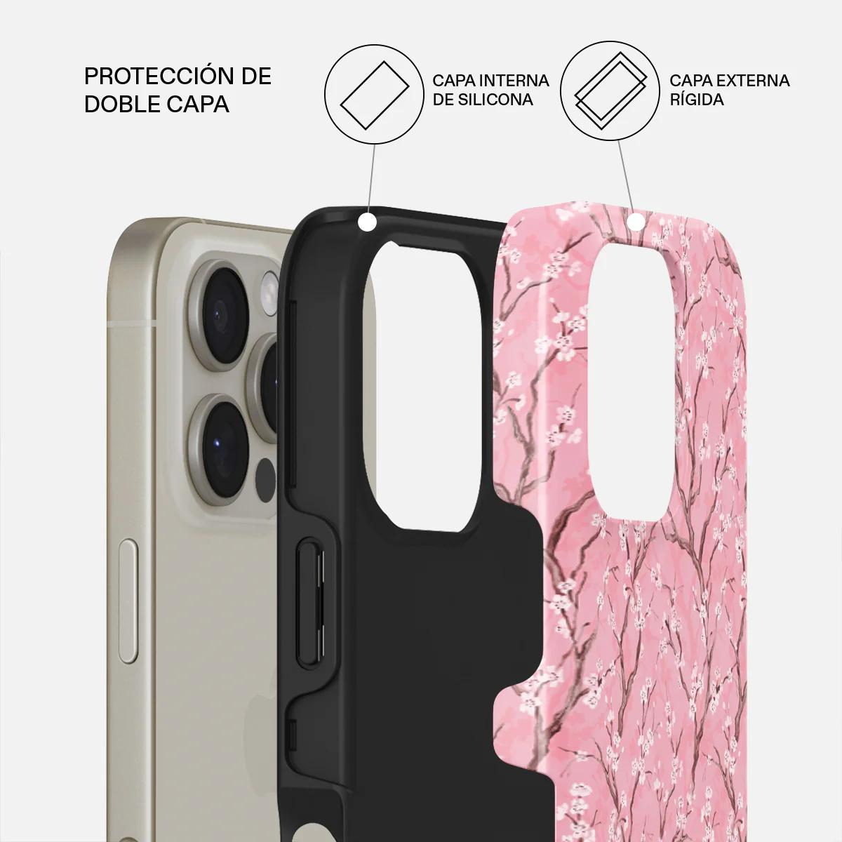 Funda de dos capas: capa interna de silicona, capa externa de plástico duro.