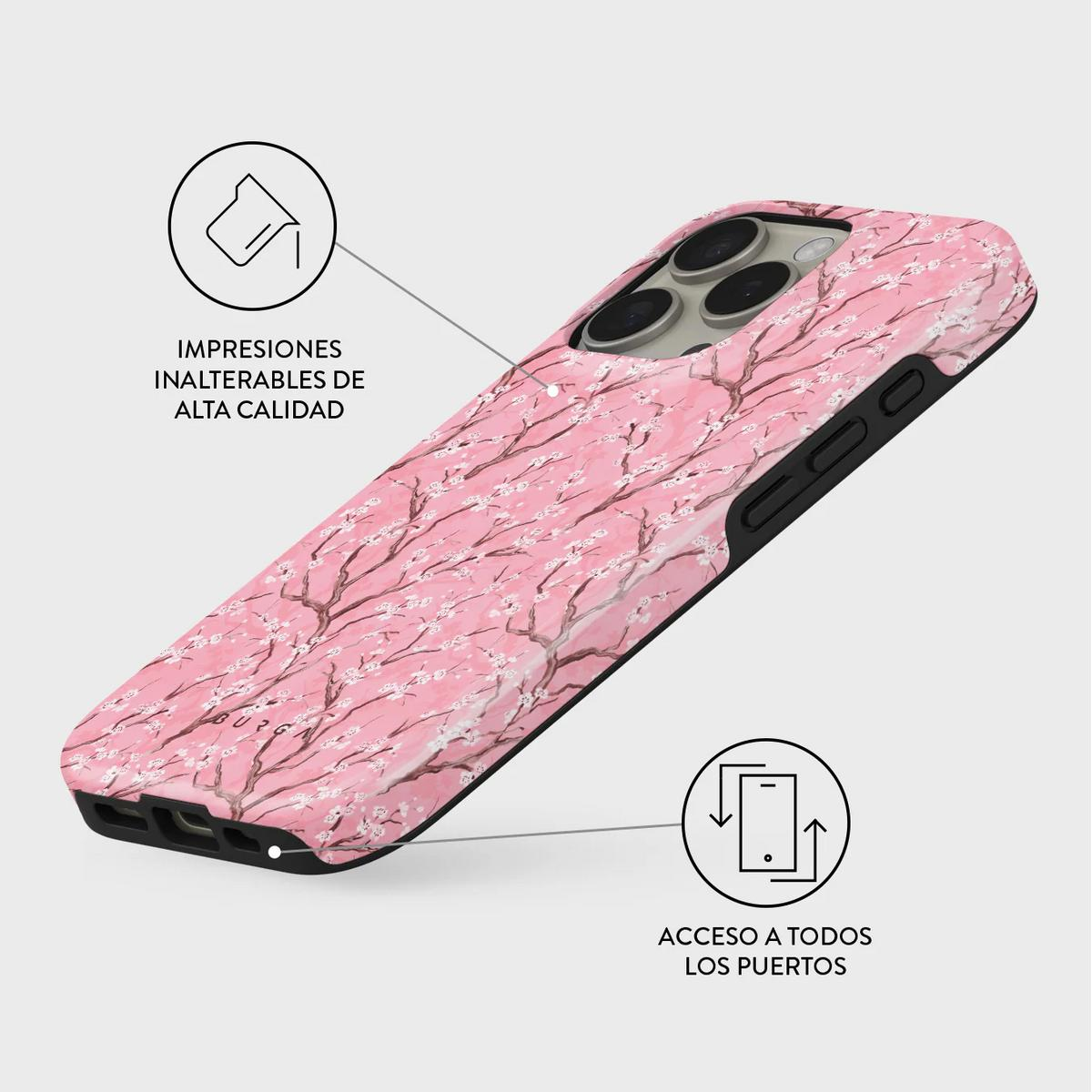Una funda de teléfono rosa con estampado de flor de cerezo y bordes negros.