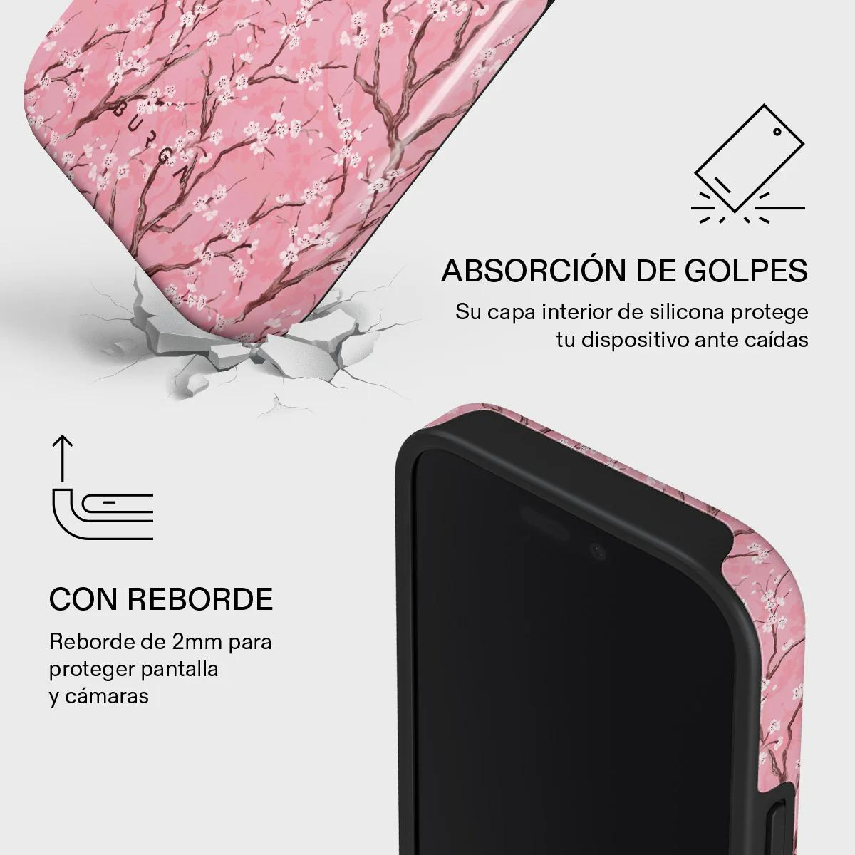 Funda de teléfono rosa con patrón de flor de cerezo, mostrando absorción de impactos y borde elevado.
