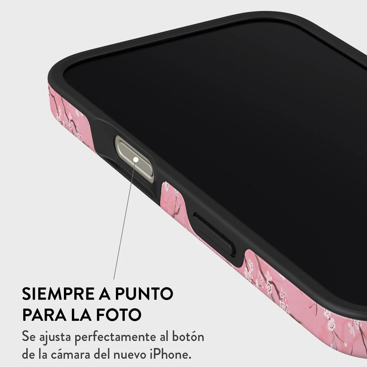 Funda de iPhone con estampado de flor de cerezo rosa y marco negro.