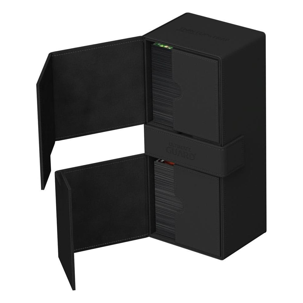 Boîte à cartes noire avec rabats ouverts révélant plusieurs piles de cartes.