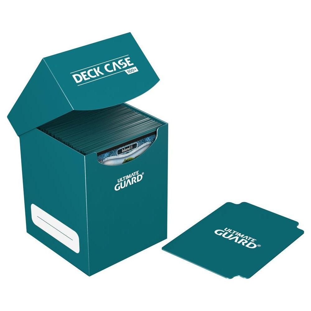 Un étui à cartes turquoise avec son couvercle ouvert, et un couvercle séparé à côté.