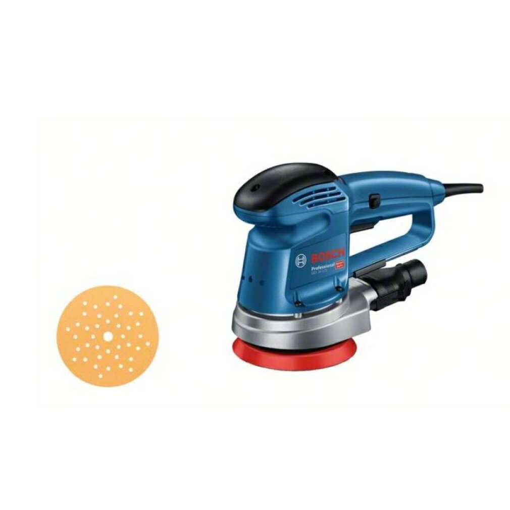 Una lijadora Bosch azul con base roja junto a un disco de lijado naranja con agujeros.