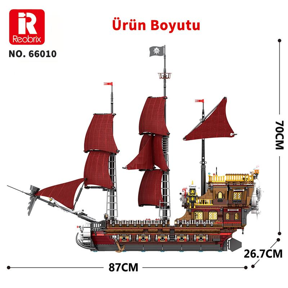 Kırmızı yelkenli detaylı korsan gemisi modeli, boyutları 87x26,7x70cm.
