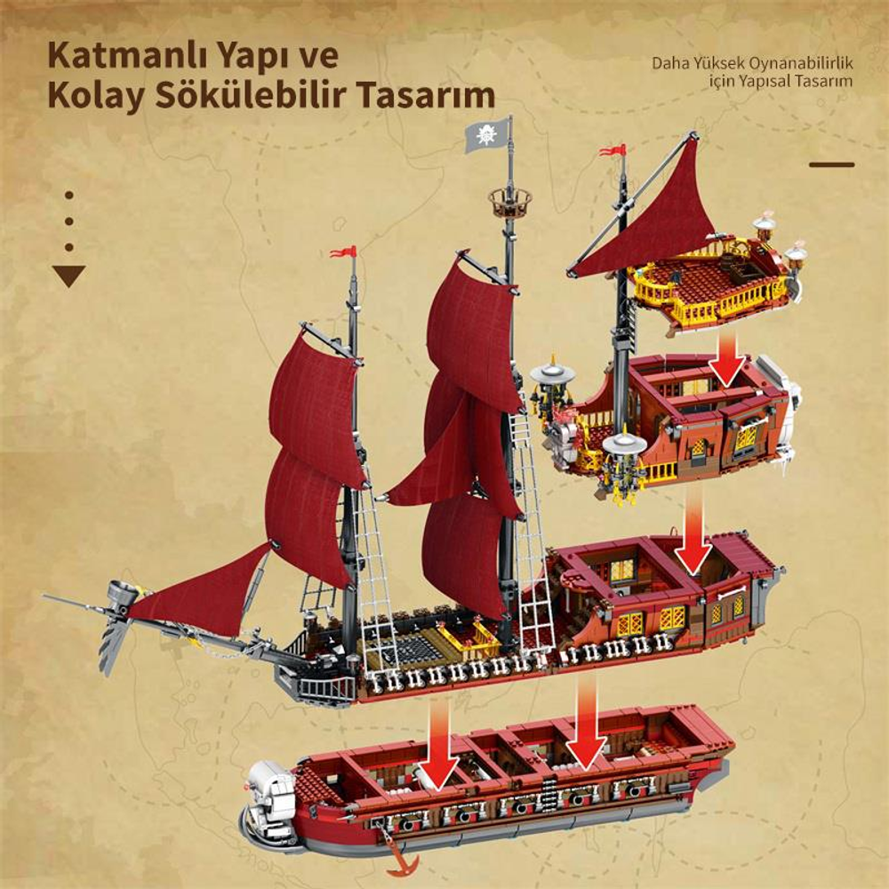 Kırmızı yelkenli korsan gemisi, üç parçaya ayrılmış olarak gösteriliyor. Detaylı görünüm.