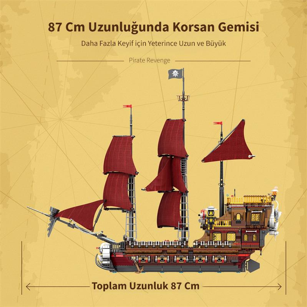 87 cm uzunluğunda, kırmızı yelkenli ve detaylı yapılı korsan gemisi.