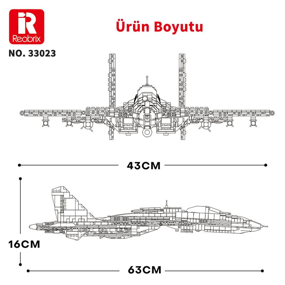 Model uçağın teknik çizimi, 43 cm ve 16 cm yükseklik ölçülerini gösteriyor.