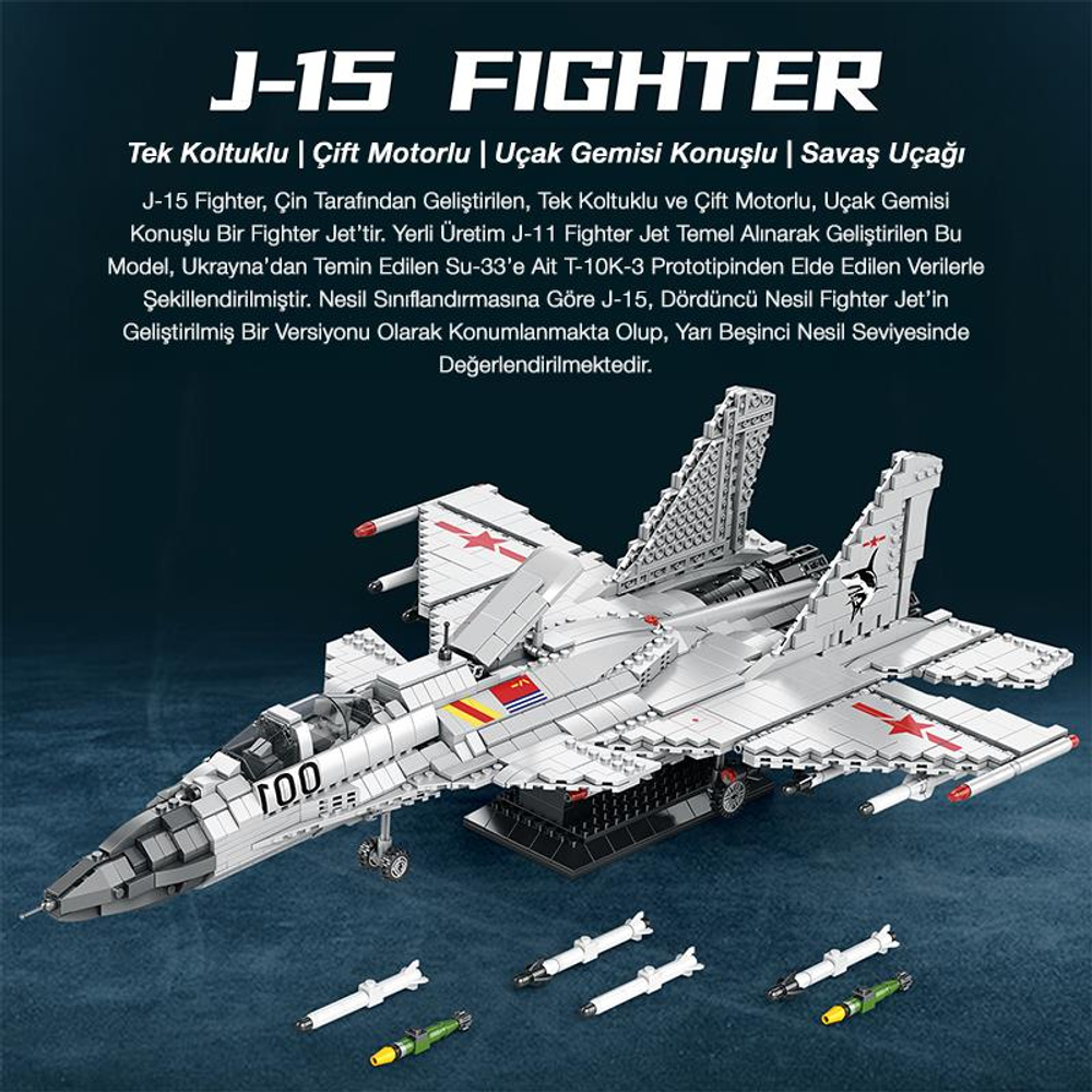 Altında füzeler bulunan gri bir J-15 savaş uçağı modeli.