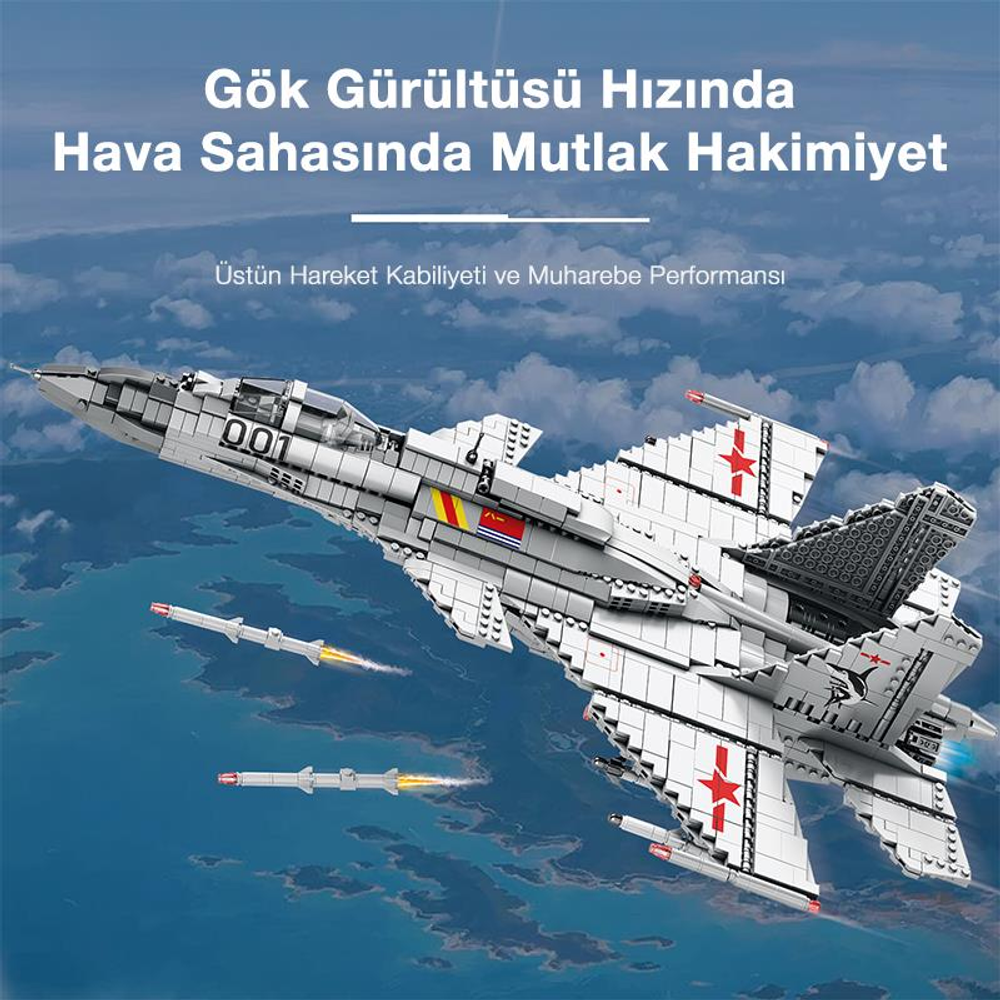 Beyaz jet savaş uçağı modeli deniz üzerinde füzelerle uçuyor.
