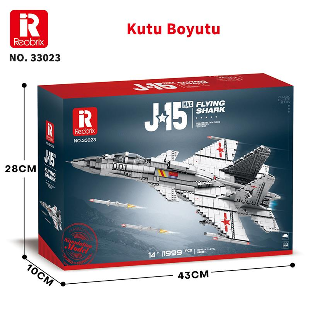 Reobrix J15 Uçan Köpekbalığı model kiti kutusu, ayrıntılı bir savaş uçağı gösteriyor.