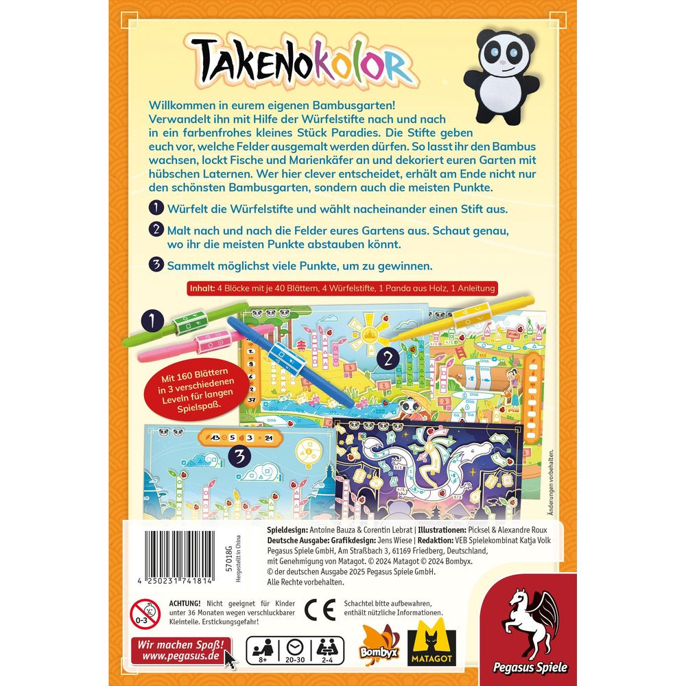 Scatola gioco da tavolo con logo panda, istruzioni e componenti colorati.