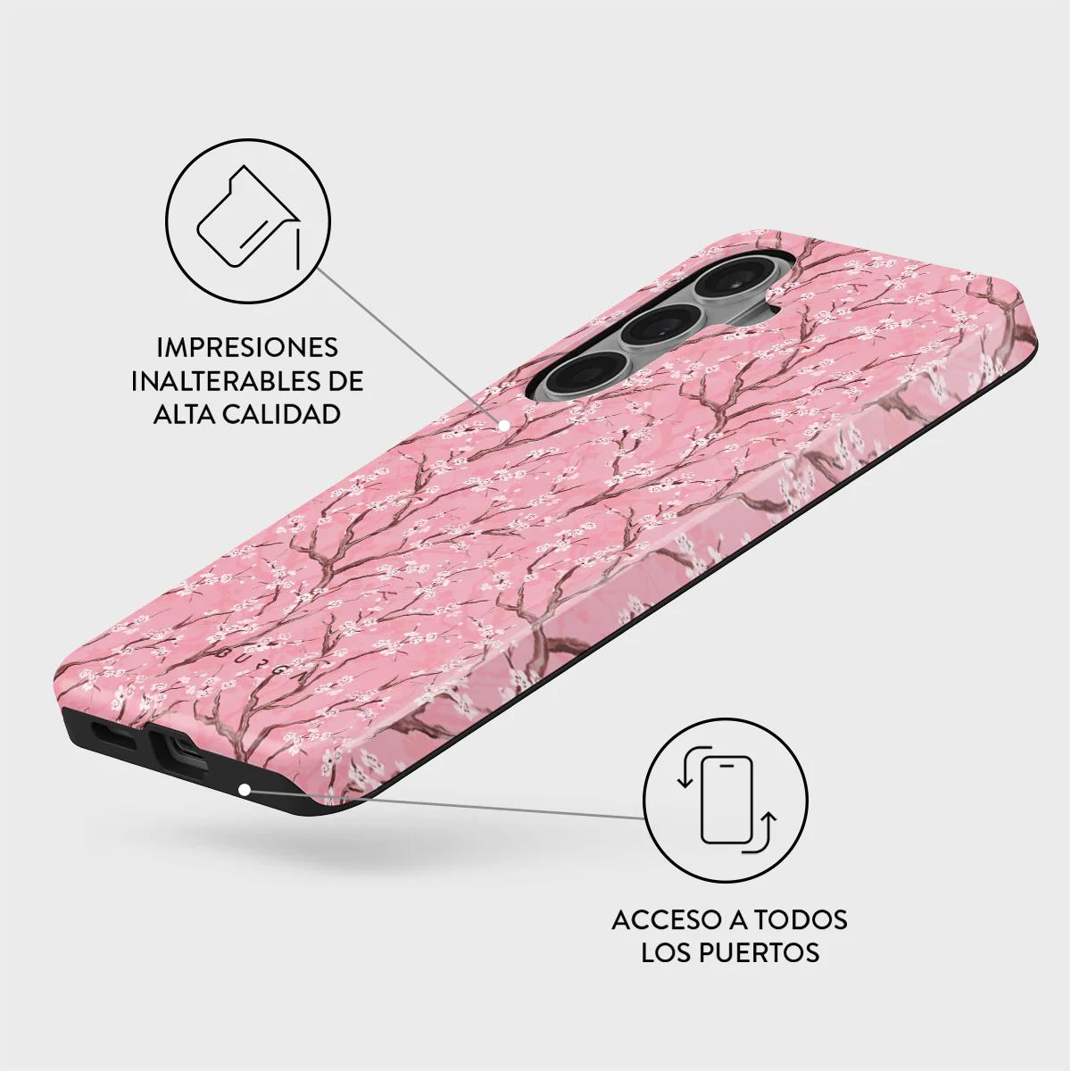 Una funda de teléfono rosa con estampado de flor de cerezo y recorte de cámara.