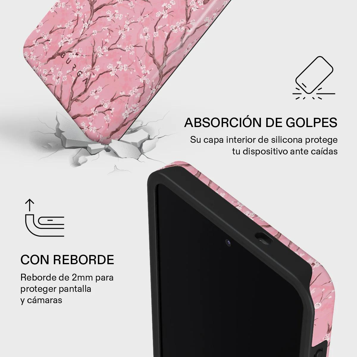Funda de teléfono con estampado de cerezo, absorbe golpes, borde de 2mm.