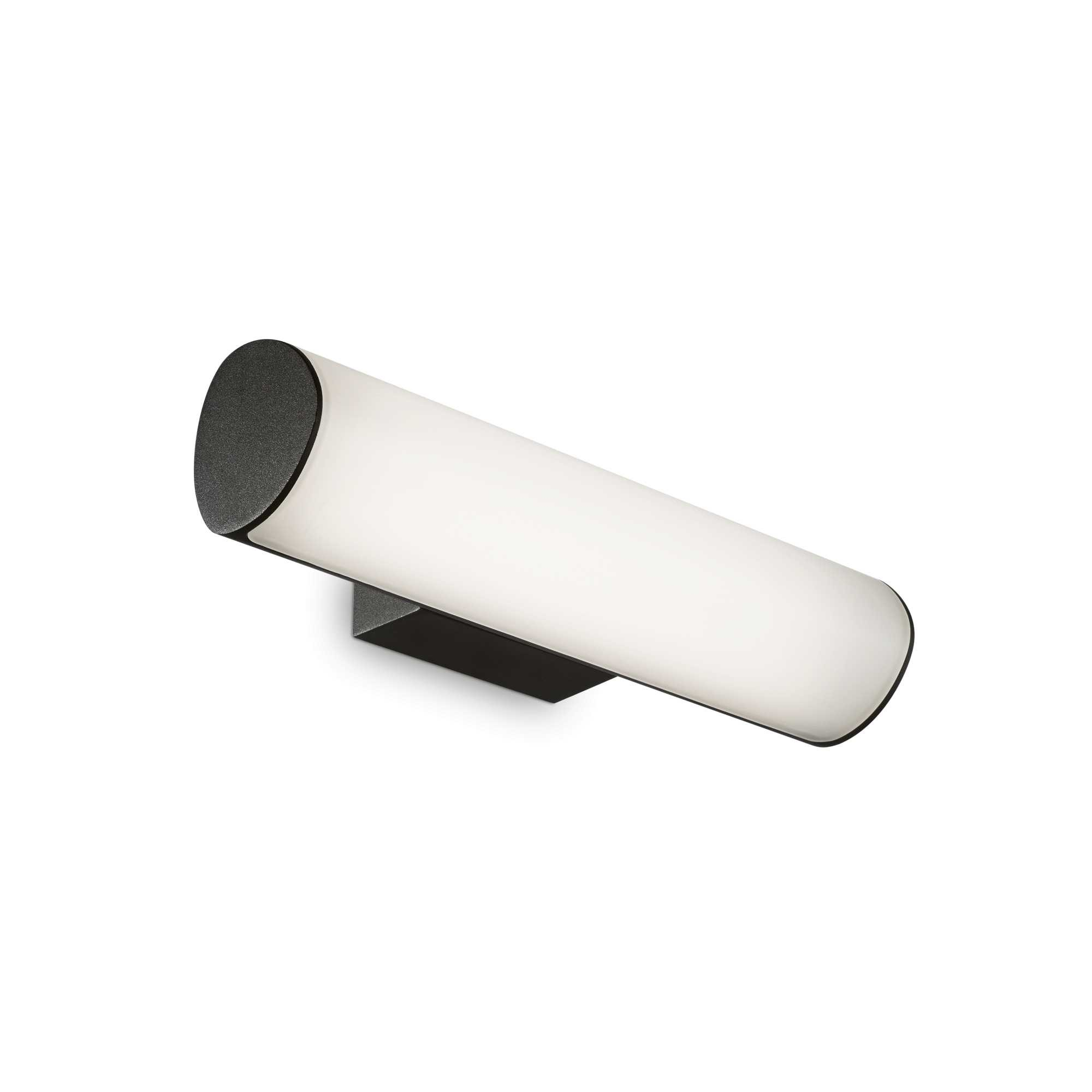 Lampada da parete nera con diffusore cilindrico bianco.