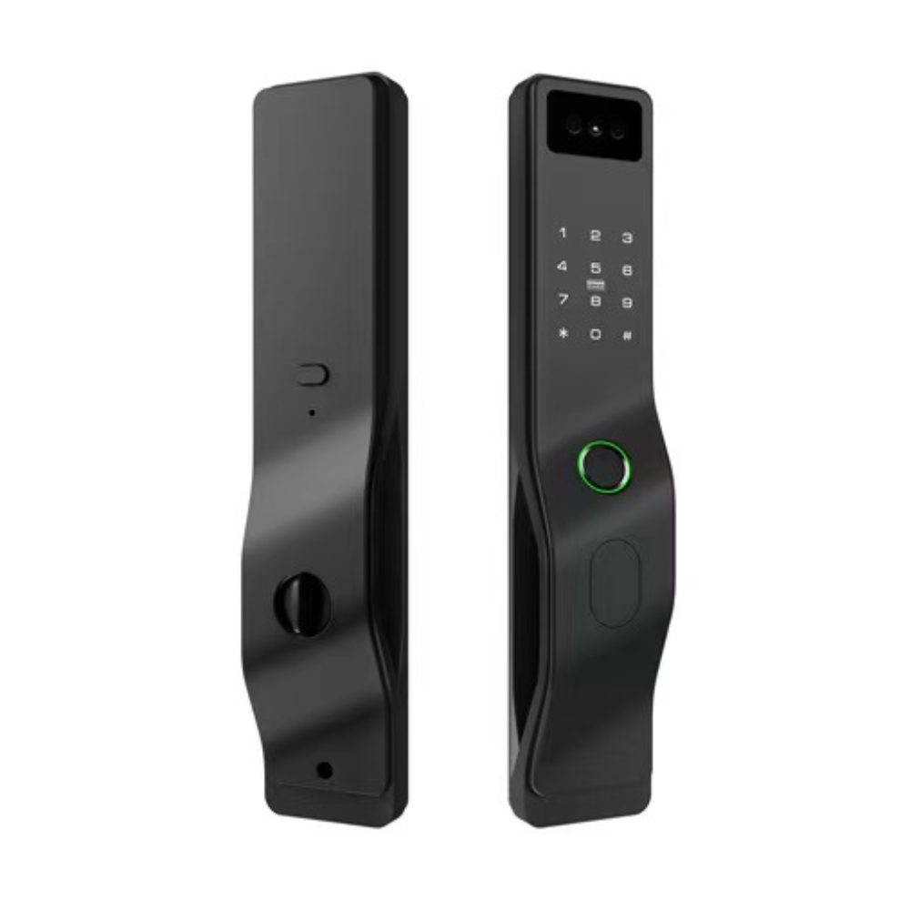Dos cerraduras de puerta negras y delgadas con teclados digitales y escáneres de huellas.