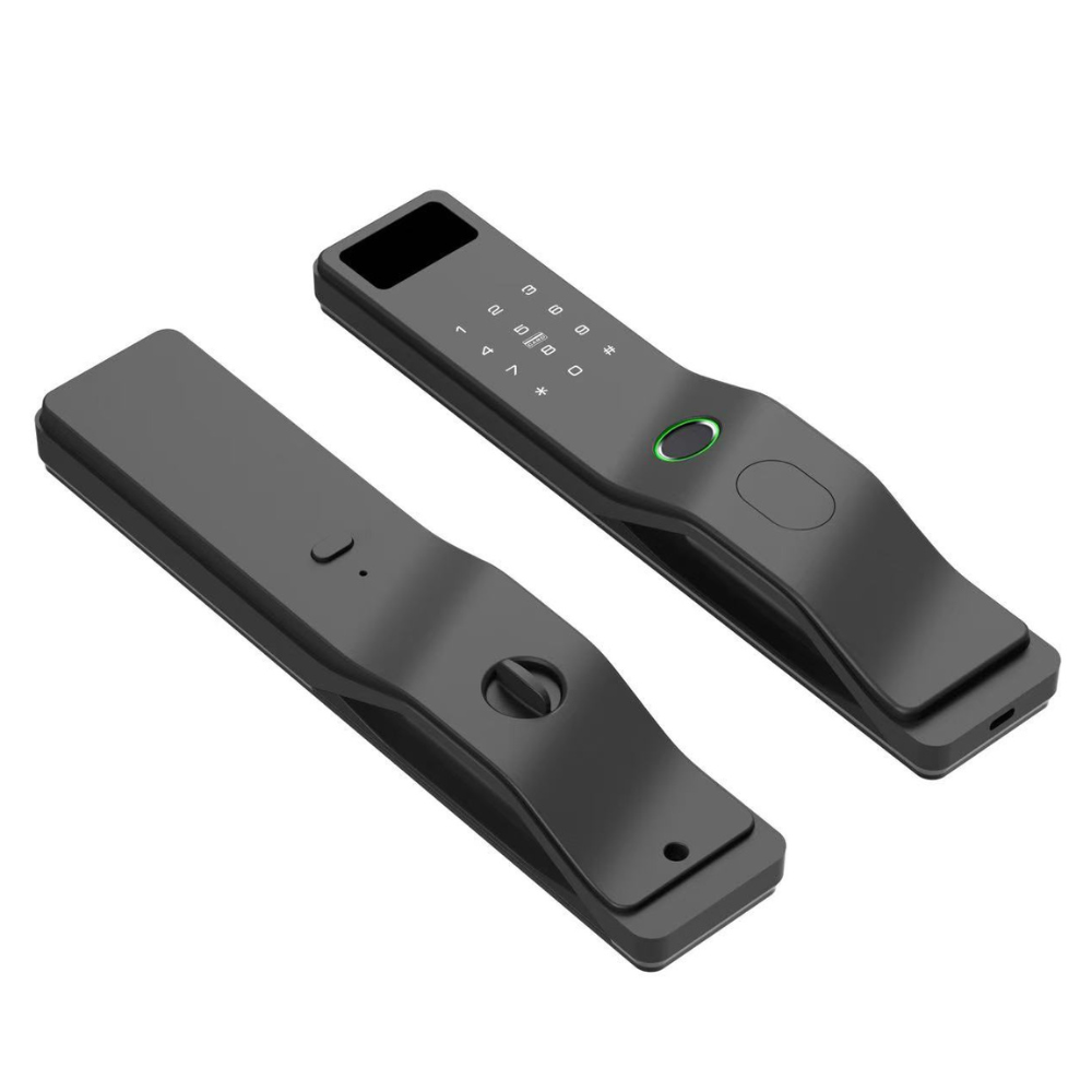 Dos manijas de puerta inteligentes negras una al lado de la otra, una con teclado y sensor.