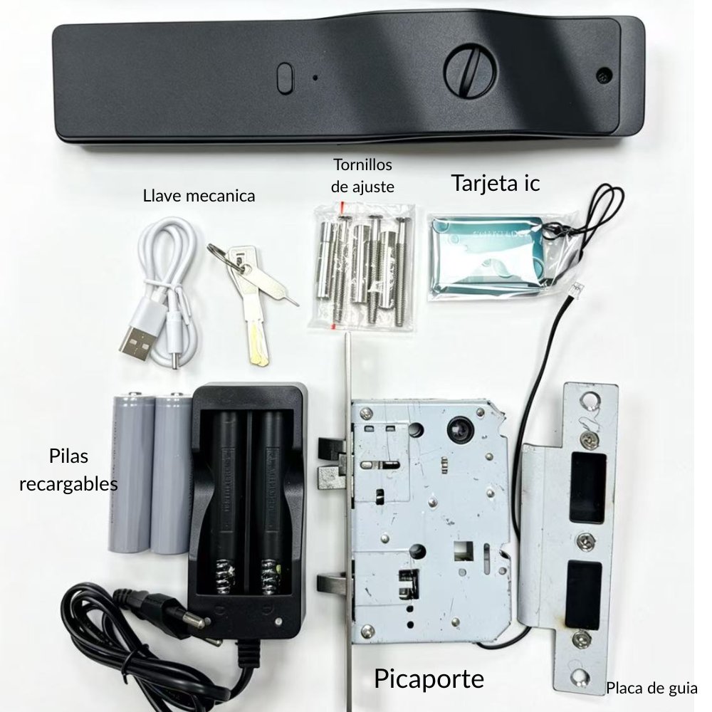 Set de cerradura electrónica con llave mecánica, cable USB, pilas, cargador, tornillos, tarjeta IC y cerradura.