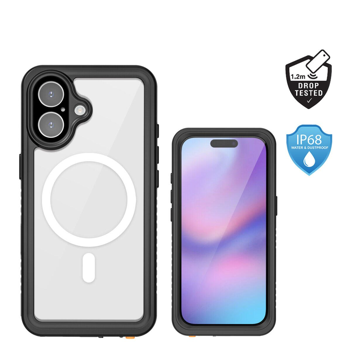 Coque de téléphone noire avec dos transparent à côté d'un smartphone. Icônes testées chute et IP68.