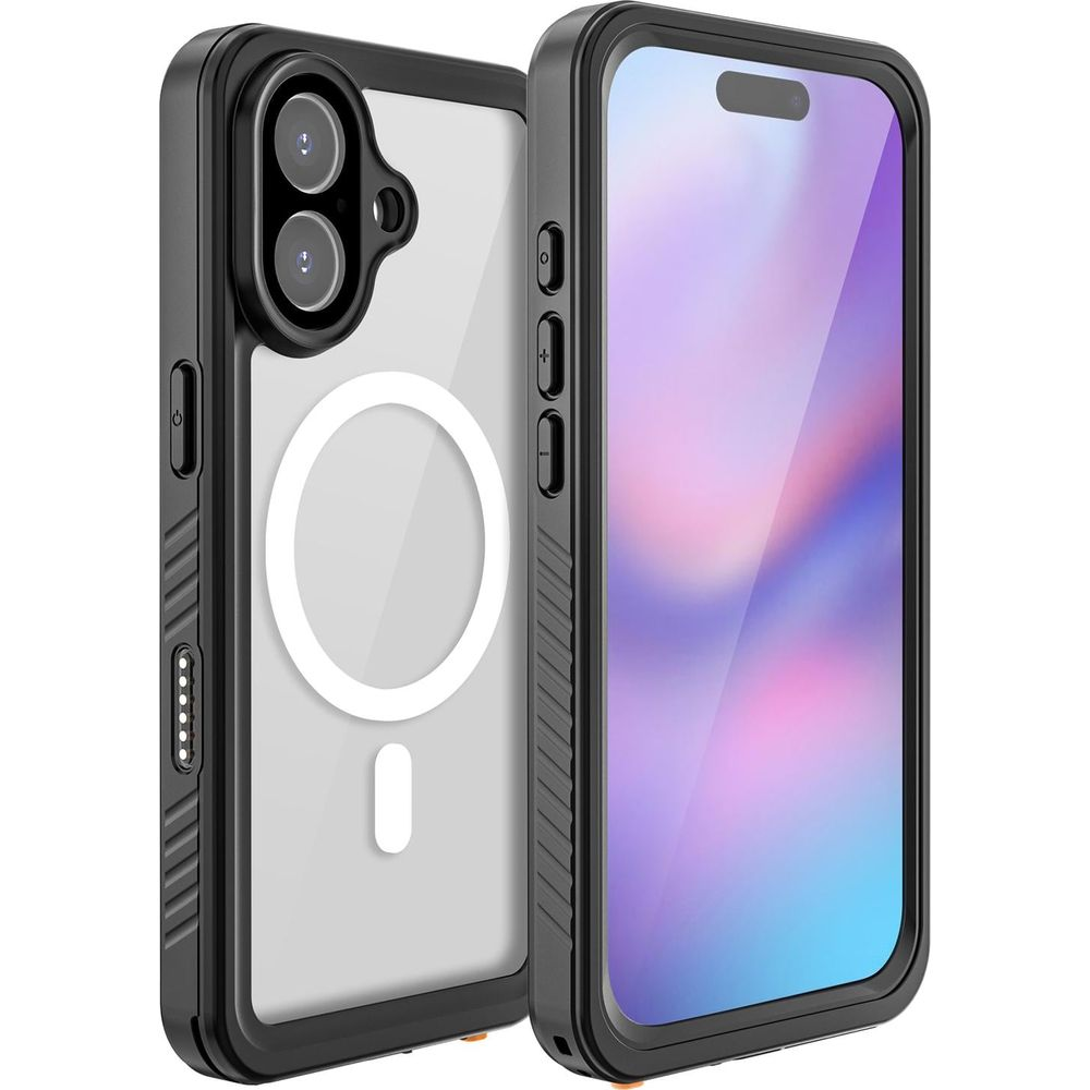 Deux coques de téléphone noires côte à côte, l'une avec dos transparent et appareils photo, l'autre avec écran.