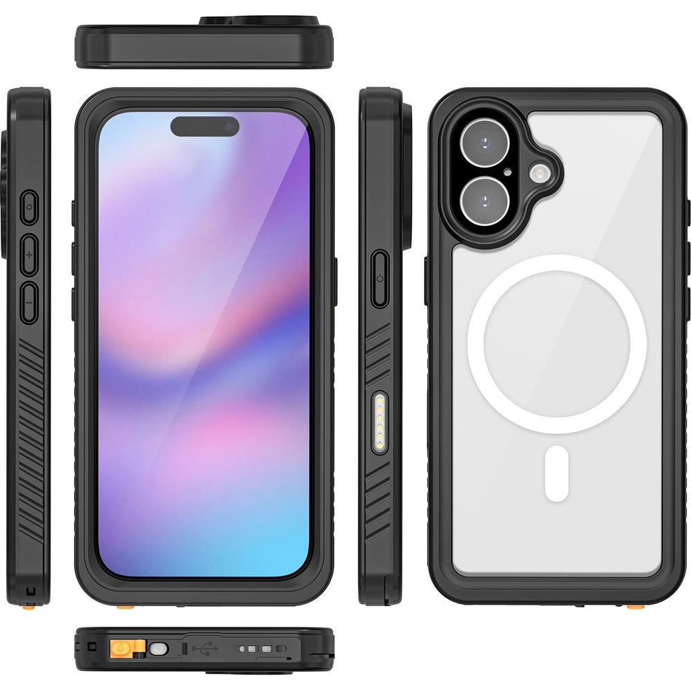 Coque de téléphone noire avec dos transparent, boutons latéraux et port de chargement.